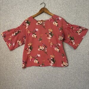 Twine & String Large Blouse Peasant Women's Red Top Floral Striped Boho Festival